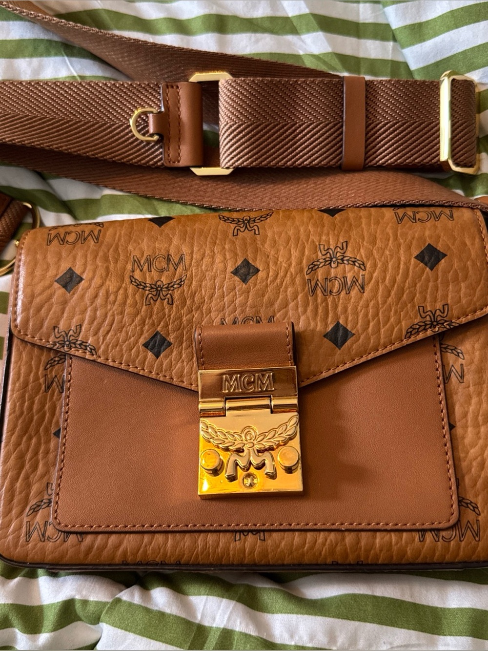 MCM Patricia Visetos Medium Crossbody Bag Cognac Canvas Leather Gold Hardware